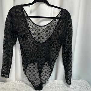 Victoria’s Secret Sheer black floral lace thong bodysuit, medium /large